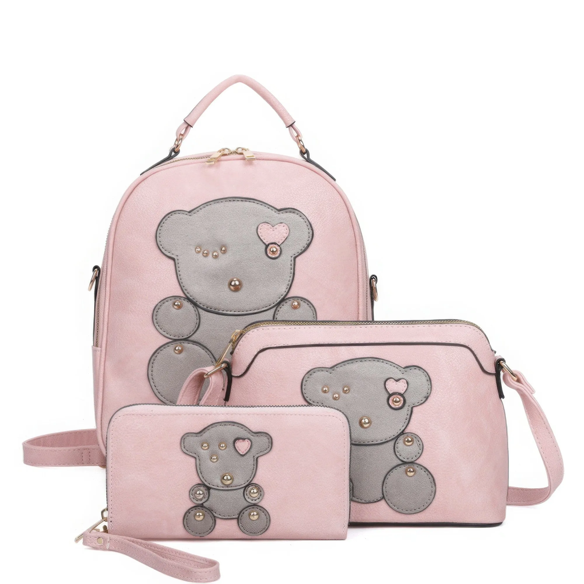3in1 Cute Bear Design Handle Cartoon Backpack W Crossbody And Wallet Set