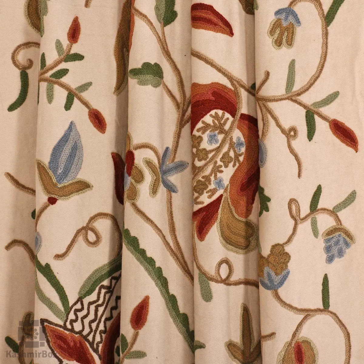 Beige Brazen Flower Crewel Embroidered Curtain