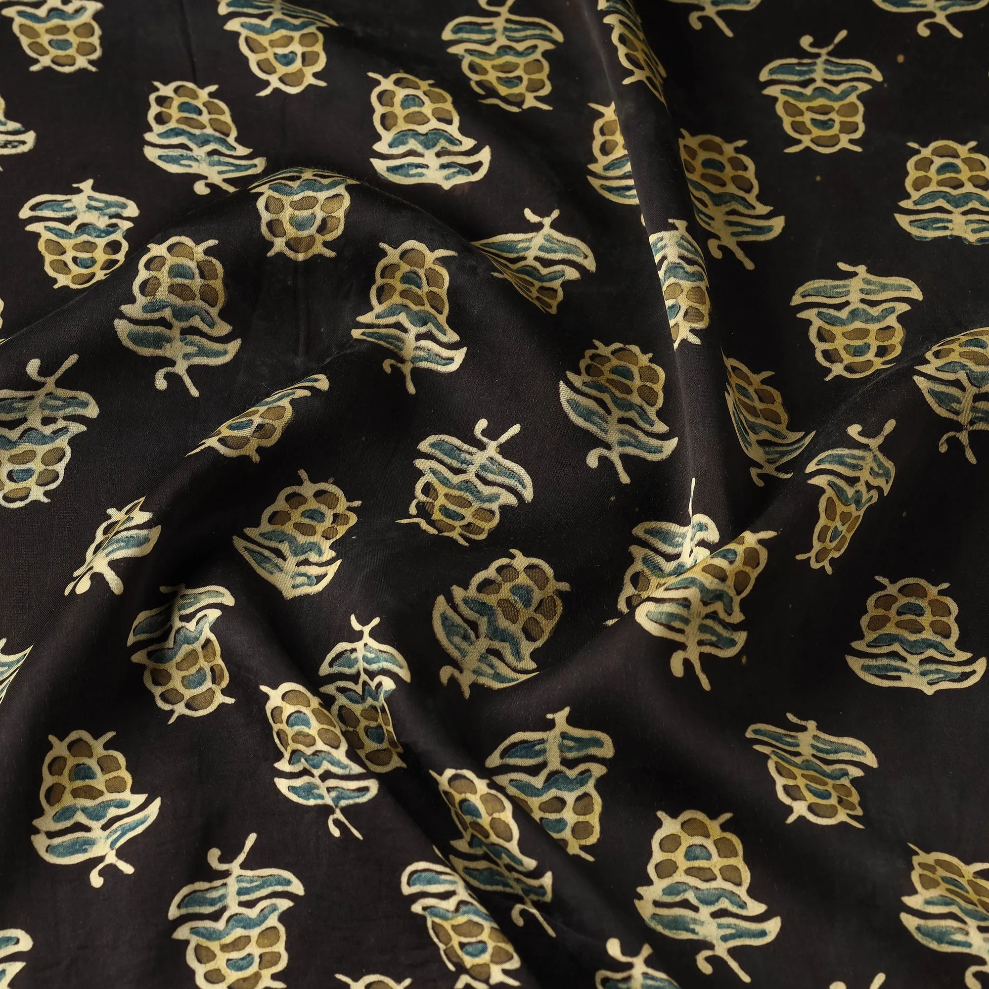 Black - Larch Butta Ajrakh Hand Block Printed Modal Silk Fabric
