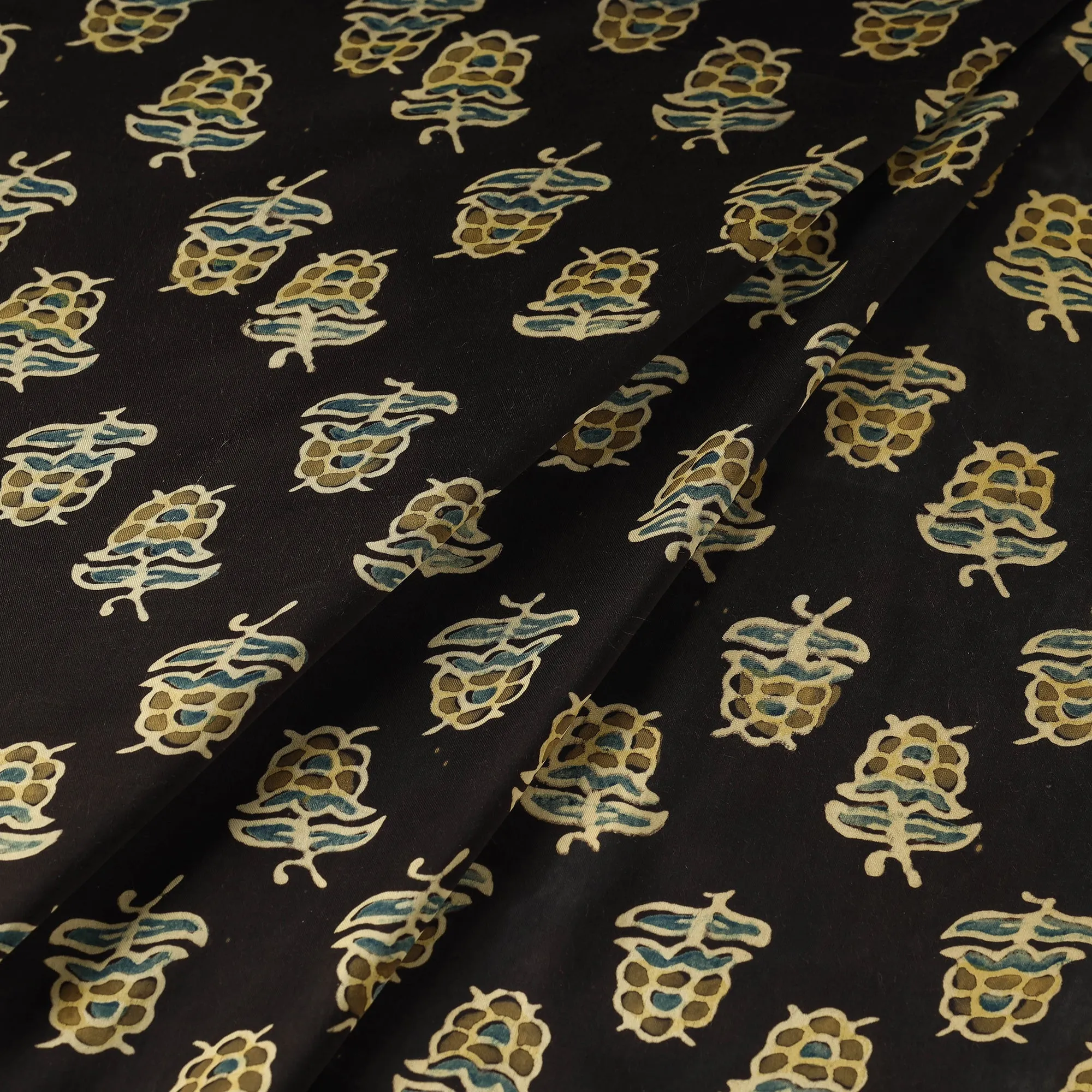 Black - Larch Butta Ajrakh Hand Block Printed Modal Silk Fabric