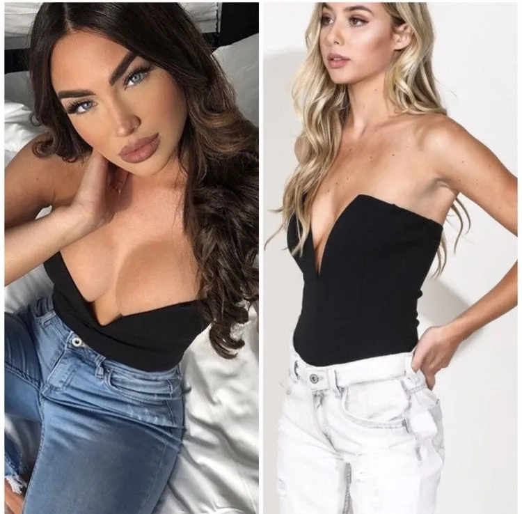 Black Sexy Deep V-Neck Plunge Strapless Bodysuit Womens