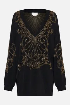 CAMILLA SHADOWS OF ARMADA EMBELLISHED V NECK KNIT IN BLACK