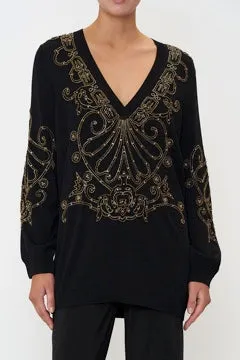 CAMILLA SHADOWS OF ARMADA EMBELLISHED V NECK KNIT IN BLACK