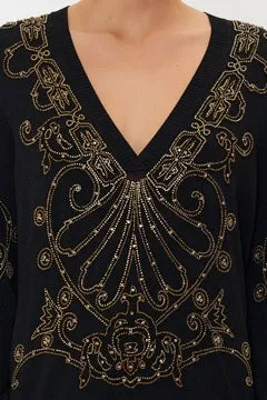 CAMILLA SHADOWS OF ARMADA EMBELLISHED V NECK KNIT IN BLACK