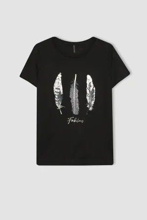 Defacto Women's Regular Fit Crew Neck Printed Short Sleeve T-Shirt