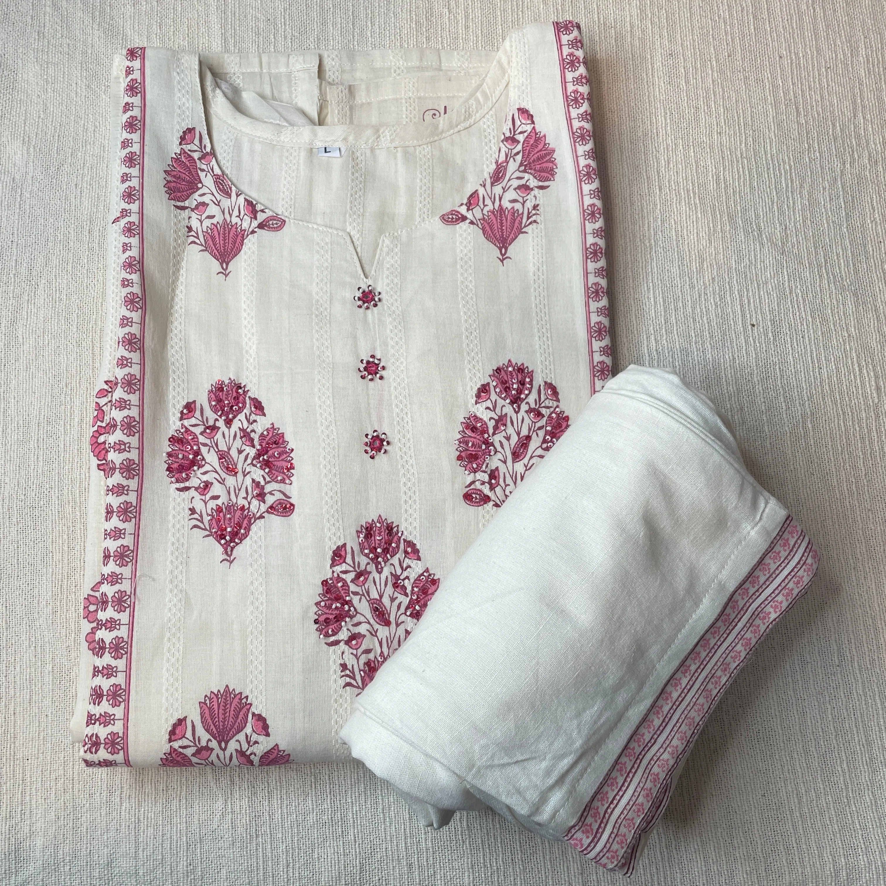 Exclusive Suit Set With Dupatta (Cotton, Dupatta-Mulmul) Cream Pink Floral Print Fabric