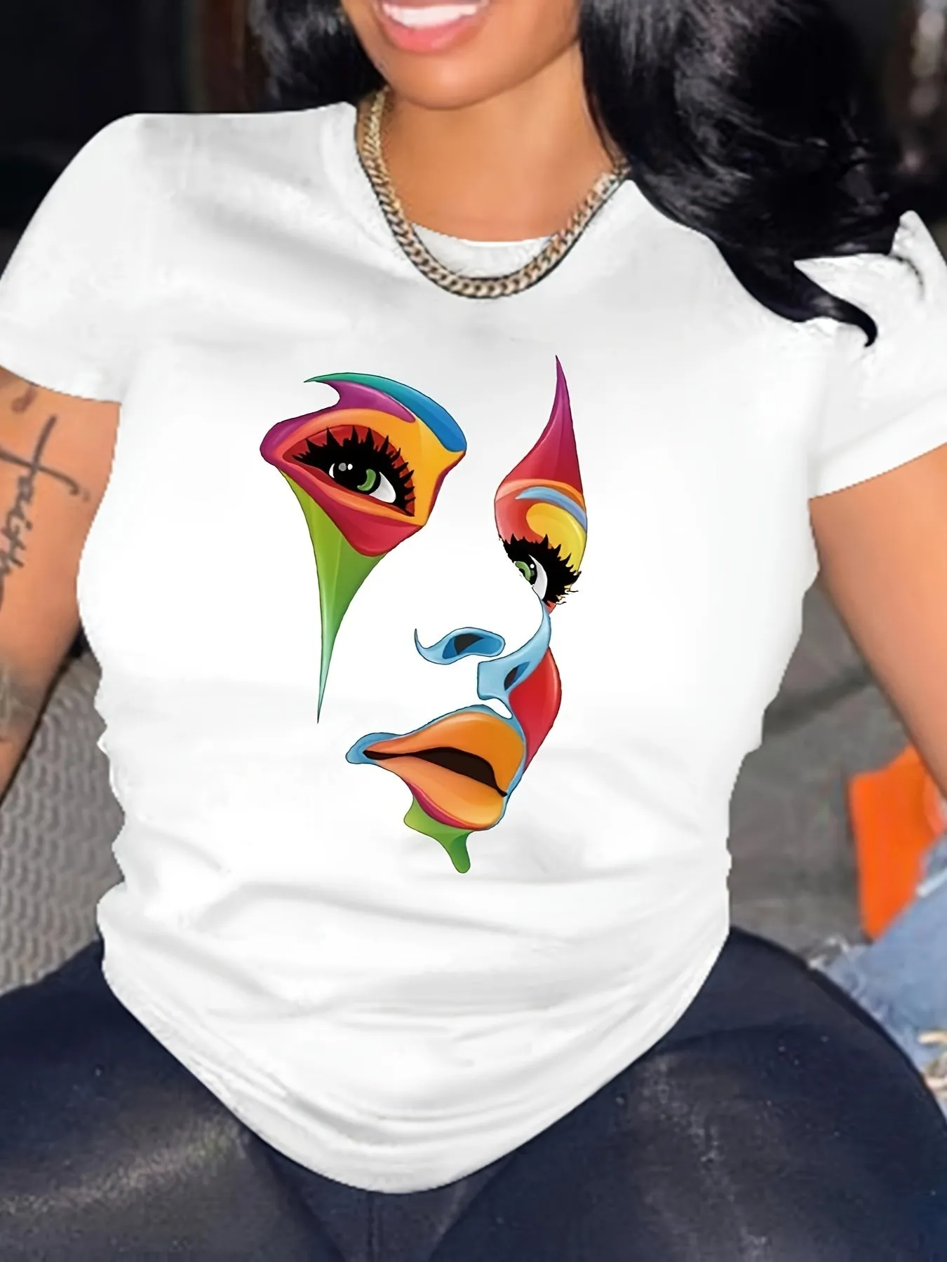 Figure Print Round Neck Tshirt for Plus Size Women