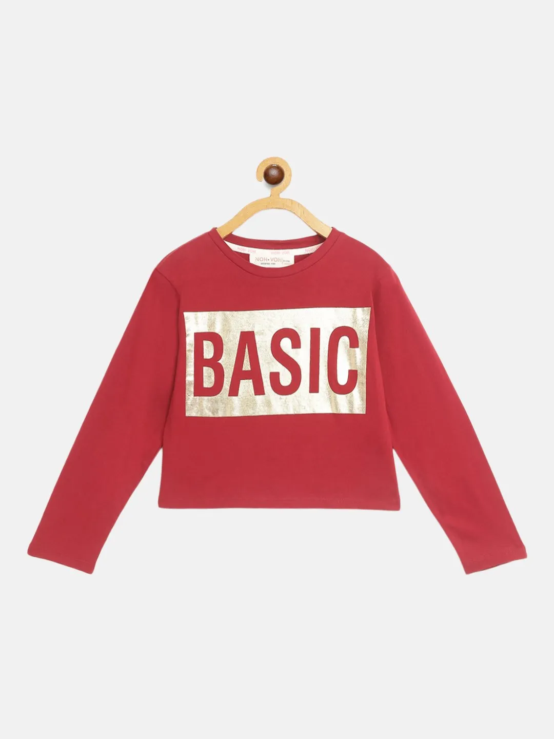 Girls Maroon Basic Print Full Sleeve Crop T-Shirts