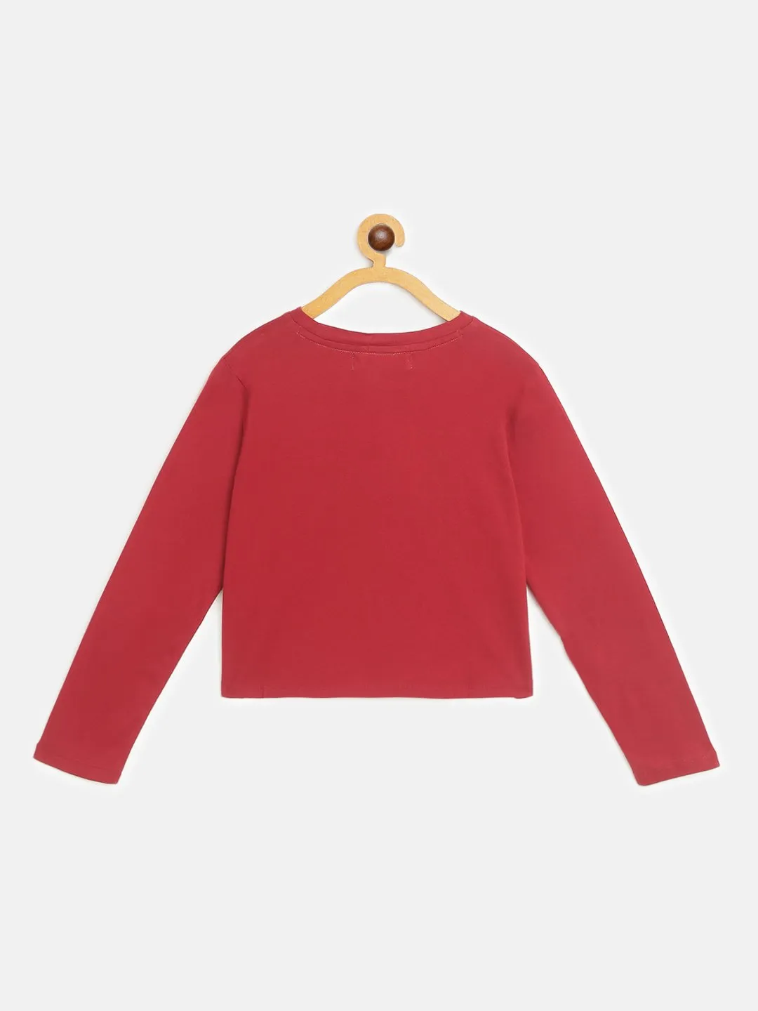 Girls Maroon Basic Print Full Sleeve Crop T-Shirts