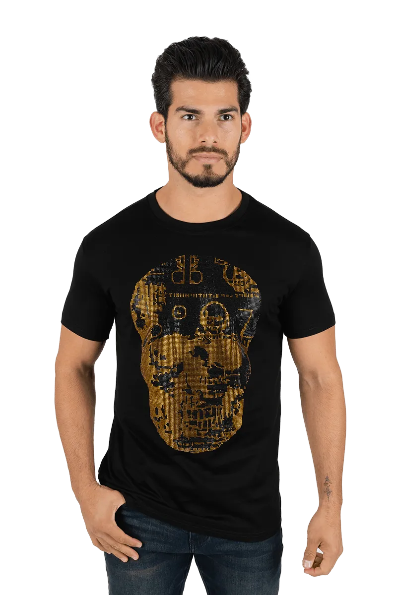 Platini Men's Round Neck Teal Cotton Rhinestone T-Shirt