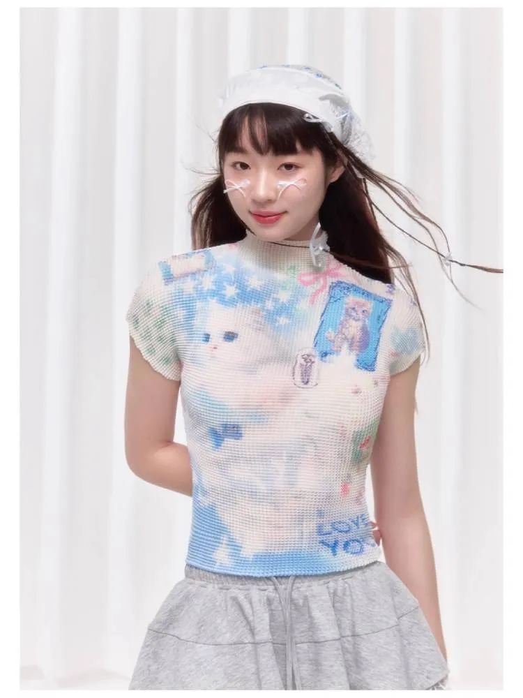 Printed pleated t-shirt【s0000008038】