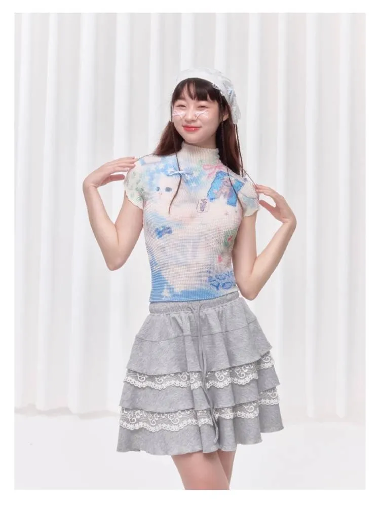 Printed pleated t-shirt【s0000008038】
