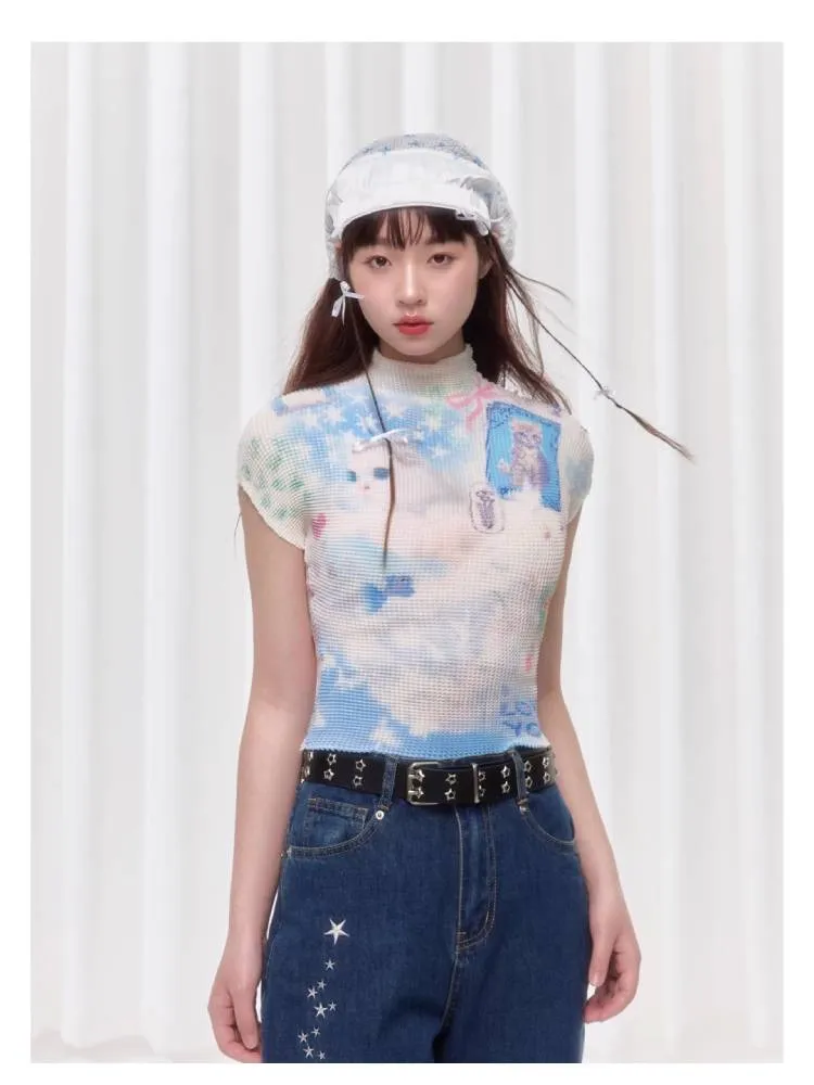 Printed pleated t-shirt【s0000008038】