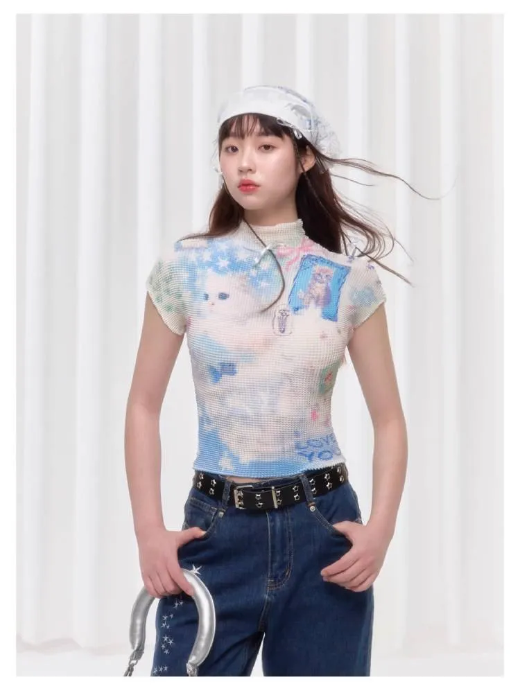 Printed pleated t-shirt【s0000008038】