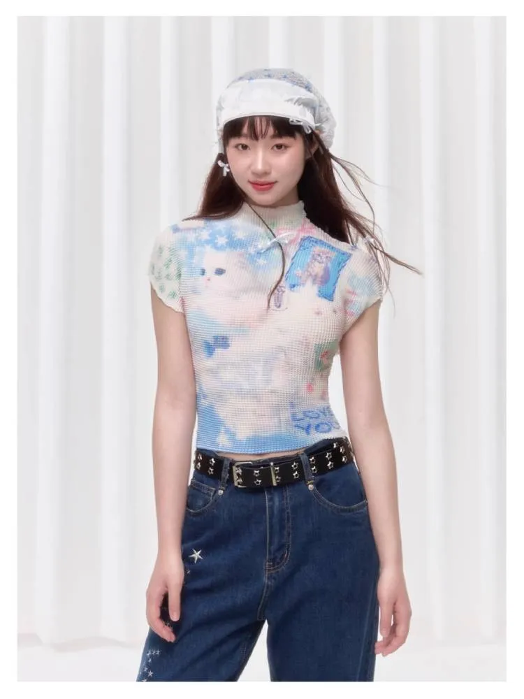 Printed pleated t-shirt【s0000008038】