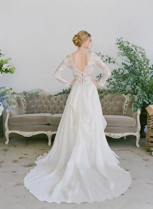 Silk Satin Organza - A-Line Long Sleeve Wedding Dress See-Through Lace Top, Offwhite