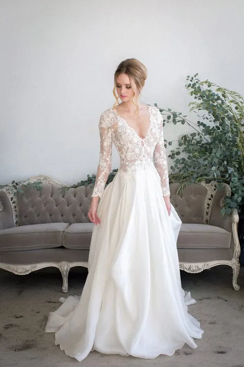 Silk Satin Organza - A-Line Long Sleeve Wedding Dress See-Through Lace Top, Offwhite
