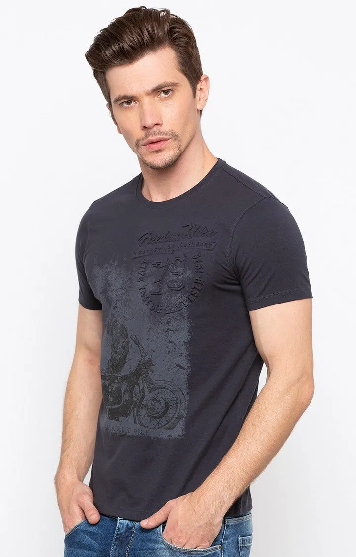 Spykar Charcoal Black Printed Men T-Shirts