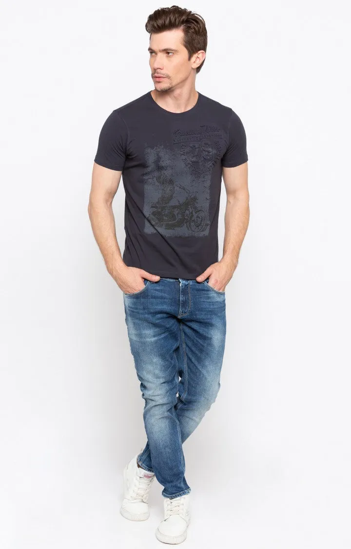 Spykar Charcoal Black Printed Men T-Shirts