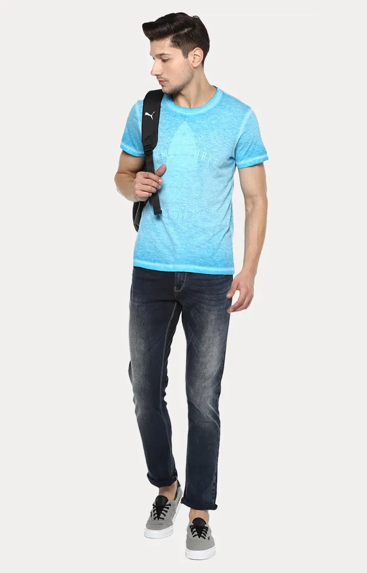 Spykar Light Blue Printed Slim Fit Men T-Shirts