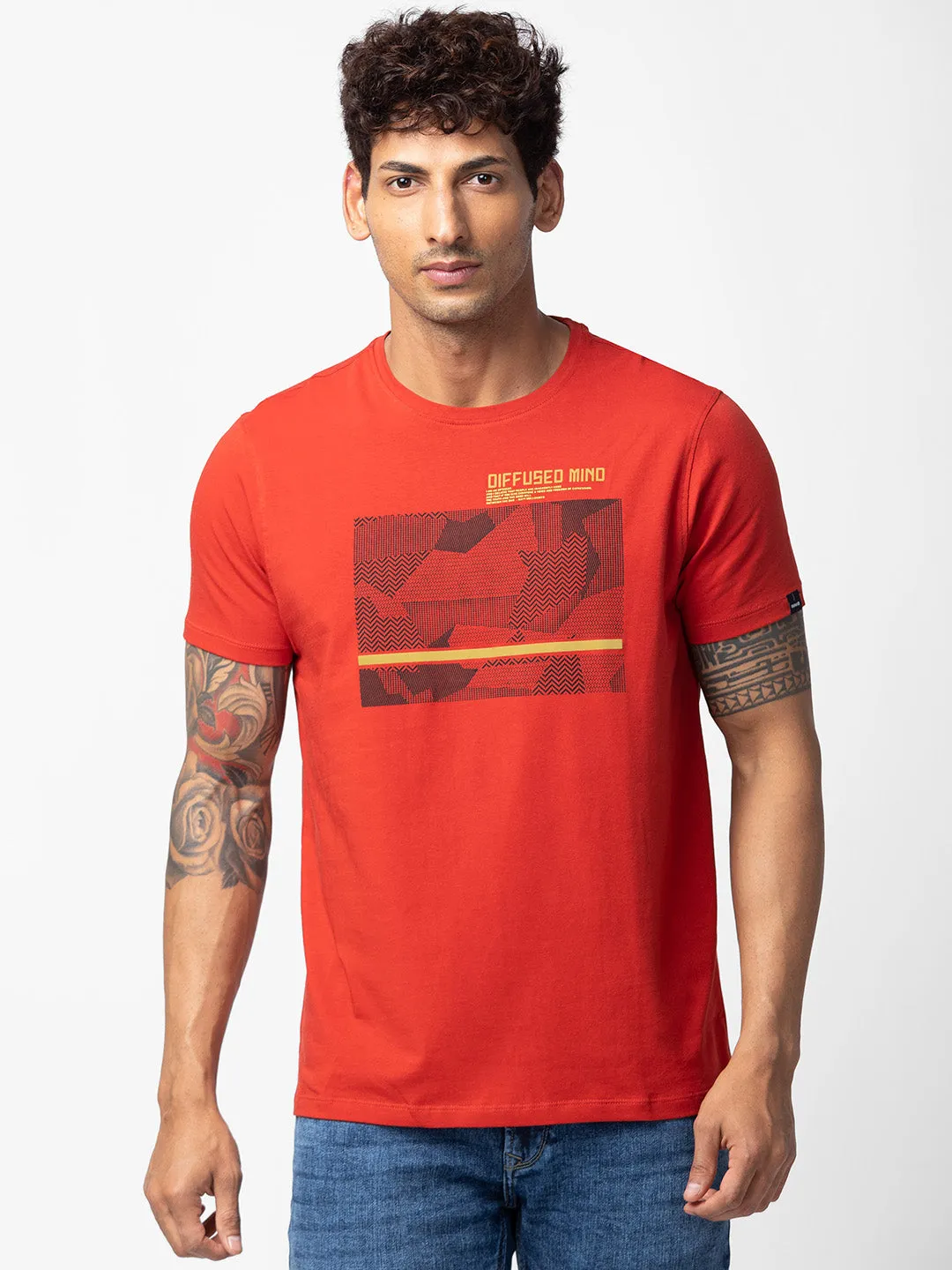 Spykar Men Burnt Orange Cotton Regular Fit Half Sleeve Printed T-Shirt