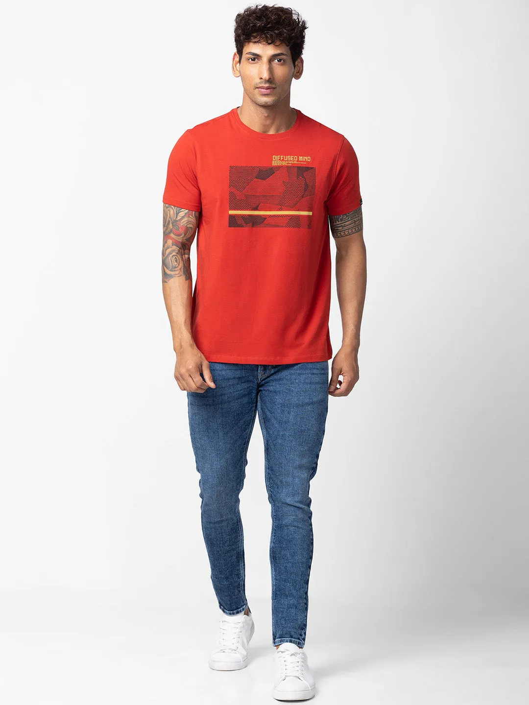 Spykar Men Burnt Orange Cotton Regular Fit Half Sleeve Printed T-Shirt
