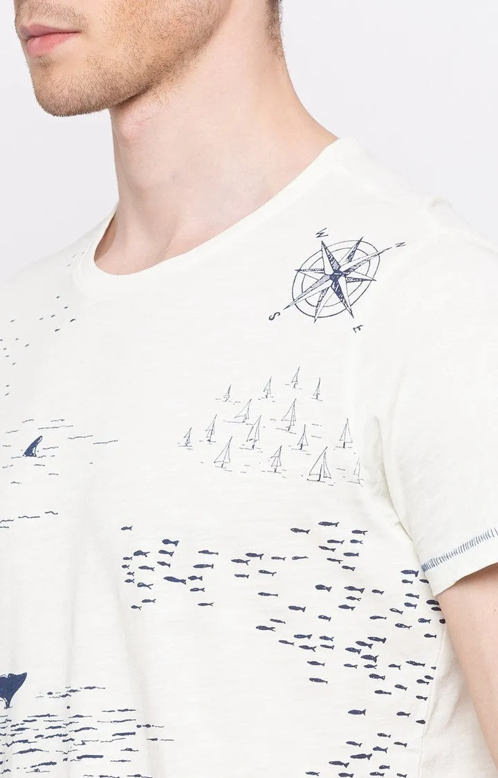 Spykar Off White Printed Slim Fit Men T-Shirts