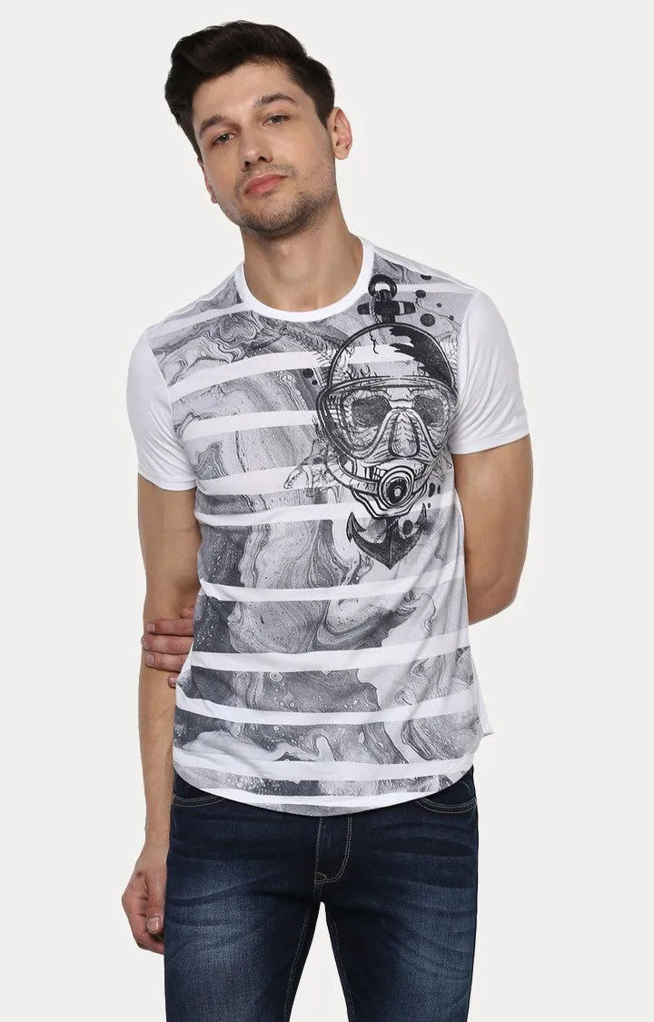 Spykar White & Grey Printed Slim Fit Men T-Shirts