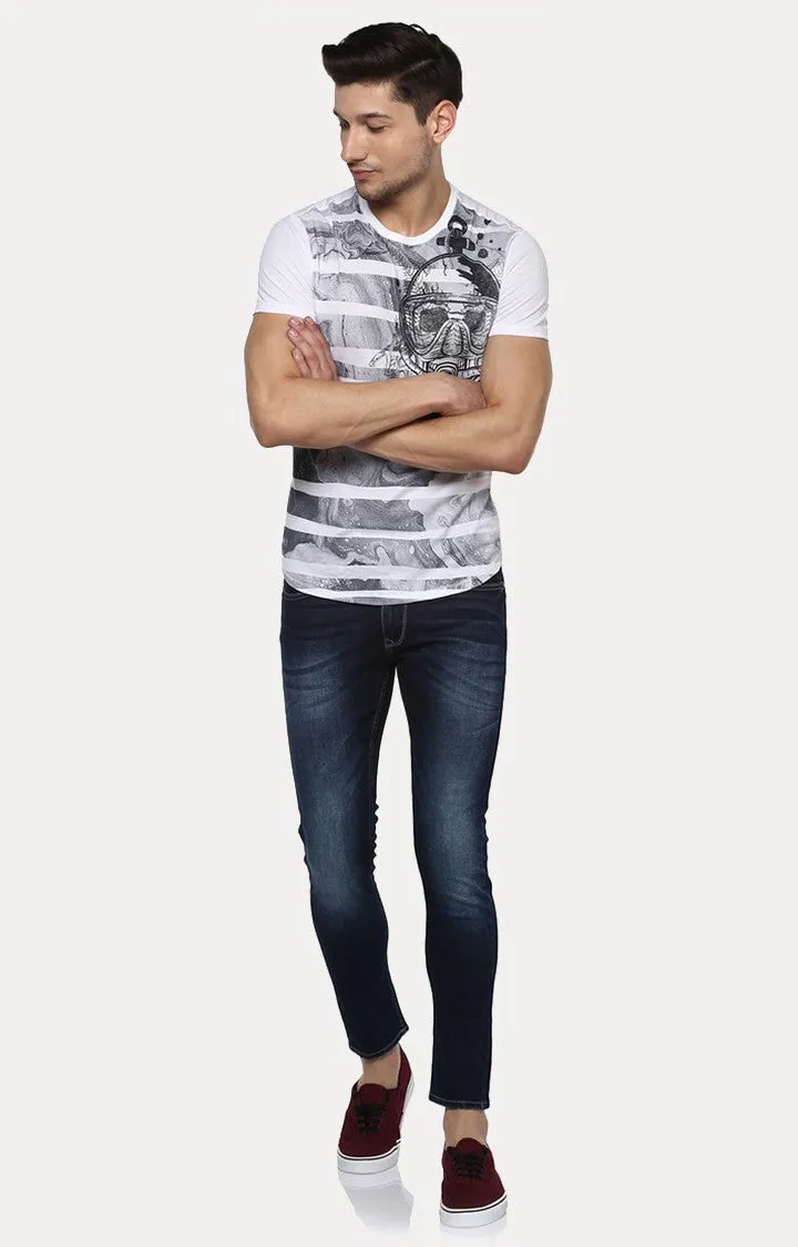 Spykar White & Grey Printed Slim Fit Men T-Shirts
