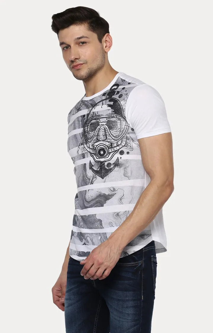 Spykar White & Grey Printed Slim Fit Men T-Shirts