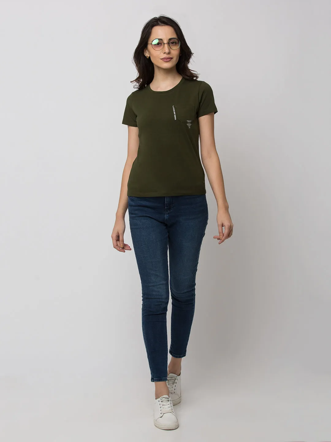 Spykar Women Green Lycra Regular Round Neck T-Shirt