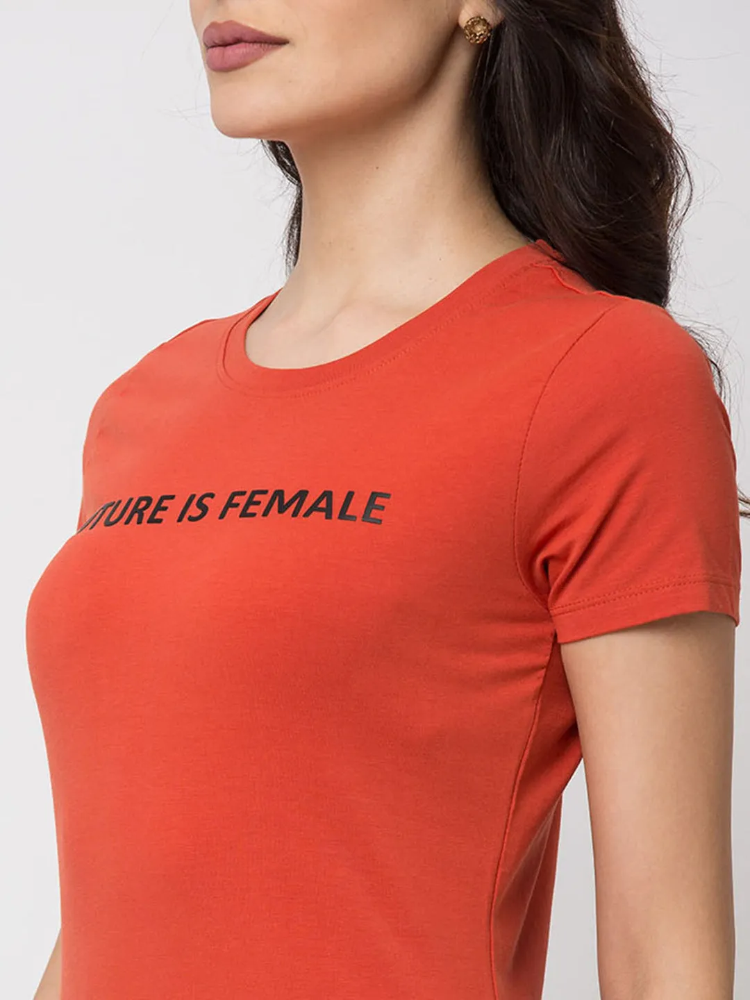 Spykar Women Orange Cotton Slim Fit Round Neck T-Shirts
