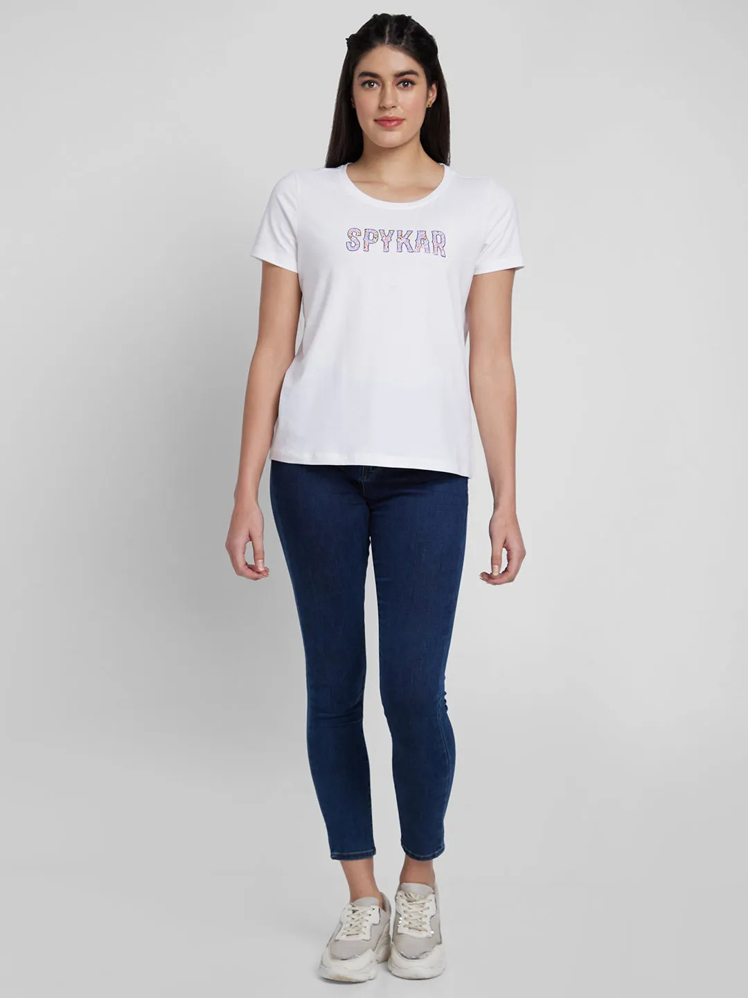 Spykar Women White Blended Regular Fit Printed Round Neck Tshirt