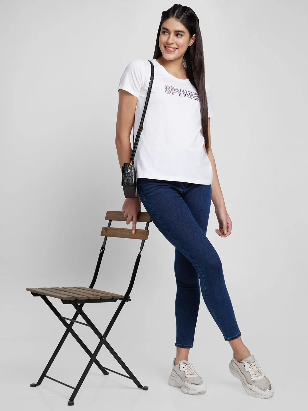 Spykar Women White Blended Regular Fit Printed Round Neck Tshirt