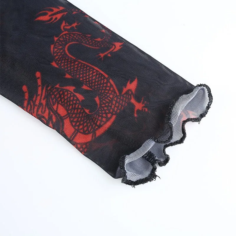 Summer Streetwear Sexy Mesh Crop Top Chinese Style Dragon Print Long Sleeve