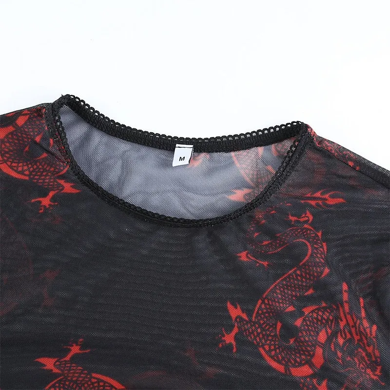 Summer Streetwear Sexy Mesh Crop Top Chinese Style Dragon Print Long Sleeve